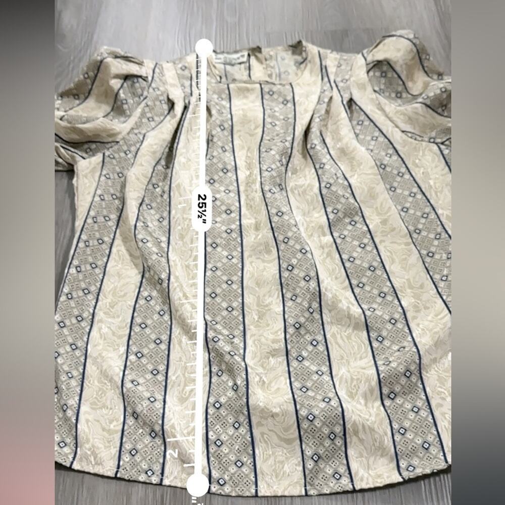 Vintage Eva Laurel Cream & Blue Geometric Print Long Sleeve Button Back Top 10‎ - Picture 7 of 7